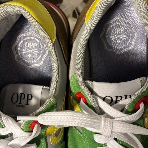 Vintage-Inspired OPP Green & Yellow Suede Running Shoes With White Laces - Picture 10 of 15
